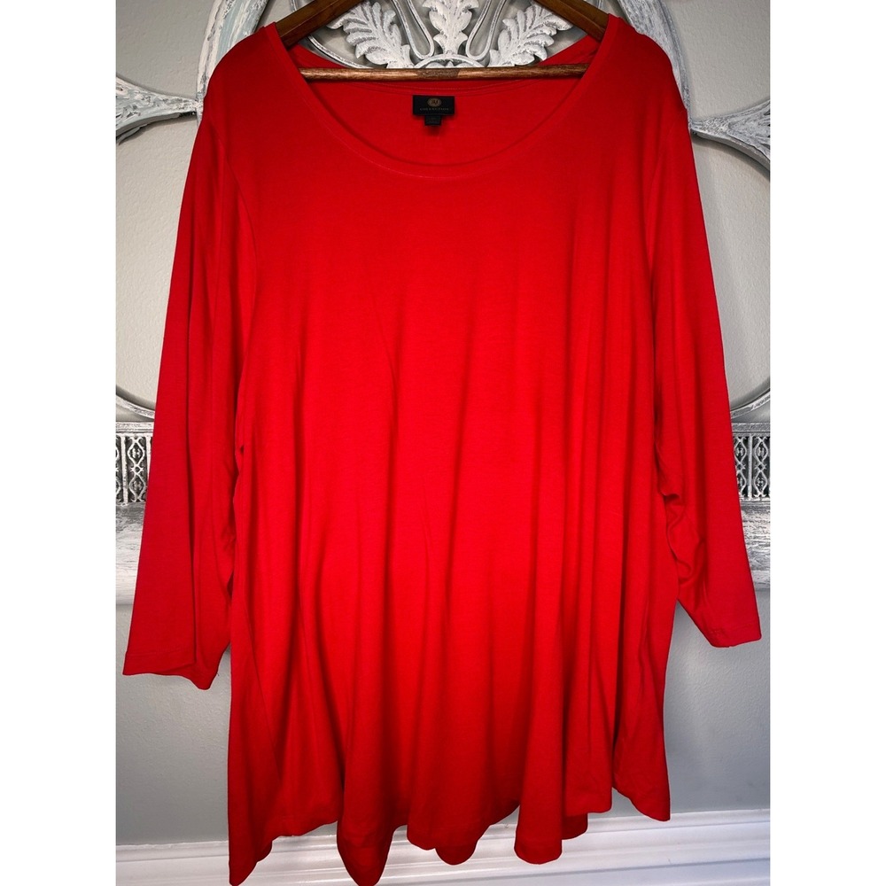 JM Collection Red Scoop Neck 3/4 Sleeve Top Plus Size 3X Rayon Spandex Stretch